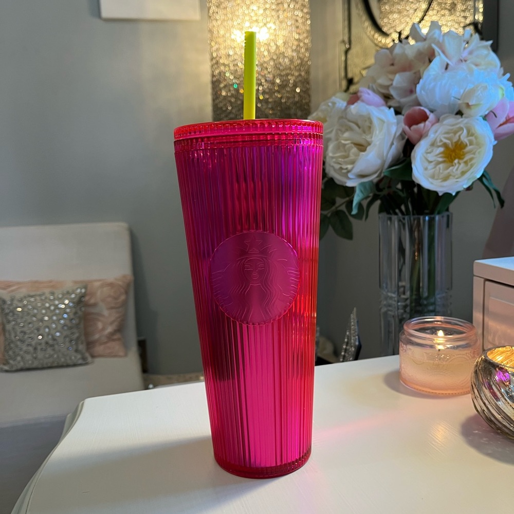 STARBUCKS Cold Tumbler.  24 oz, Neon Pink with Yellow Straw.